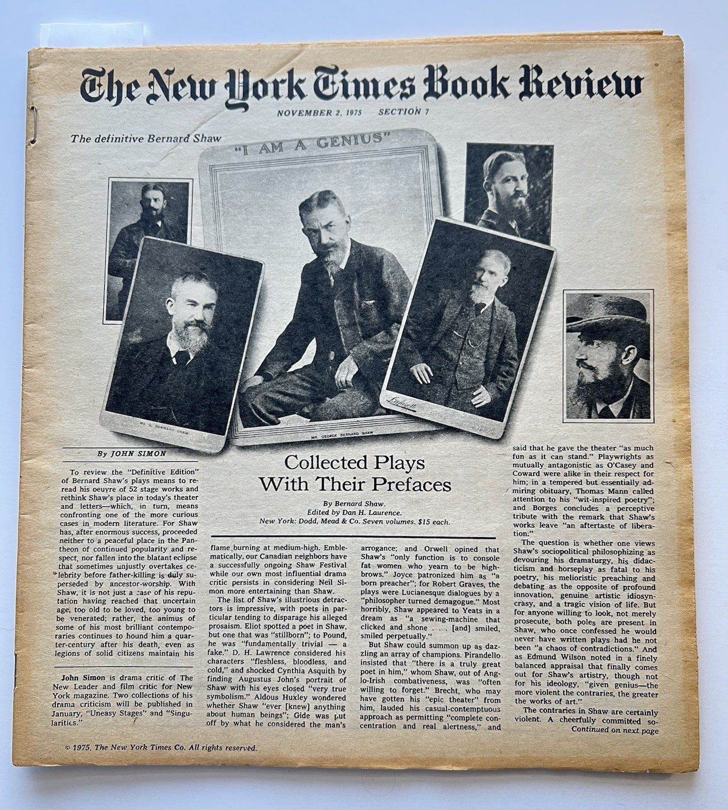 VTG 1975 New York Times Book Review News - George Bernard Shaw Cover Nov 2 NYT