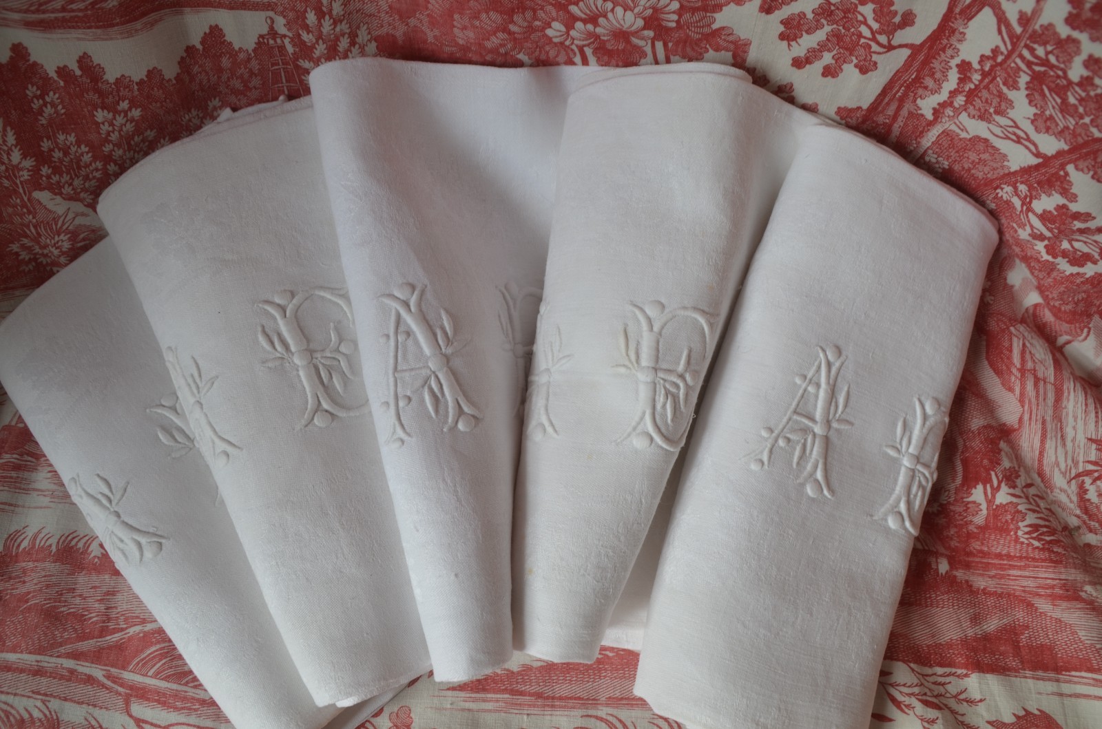 5 antique French pure linen damask linen napkins, hand embroidered AE monograms