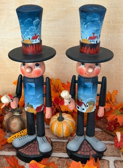 VINTAGE HAND-PAINTED FOLK-ART WOODEN PILGRIM NUTCRACKERS- PAIR