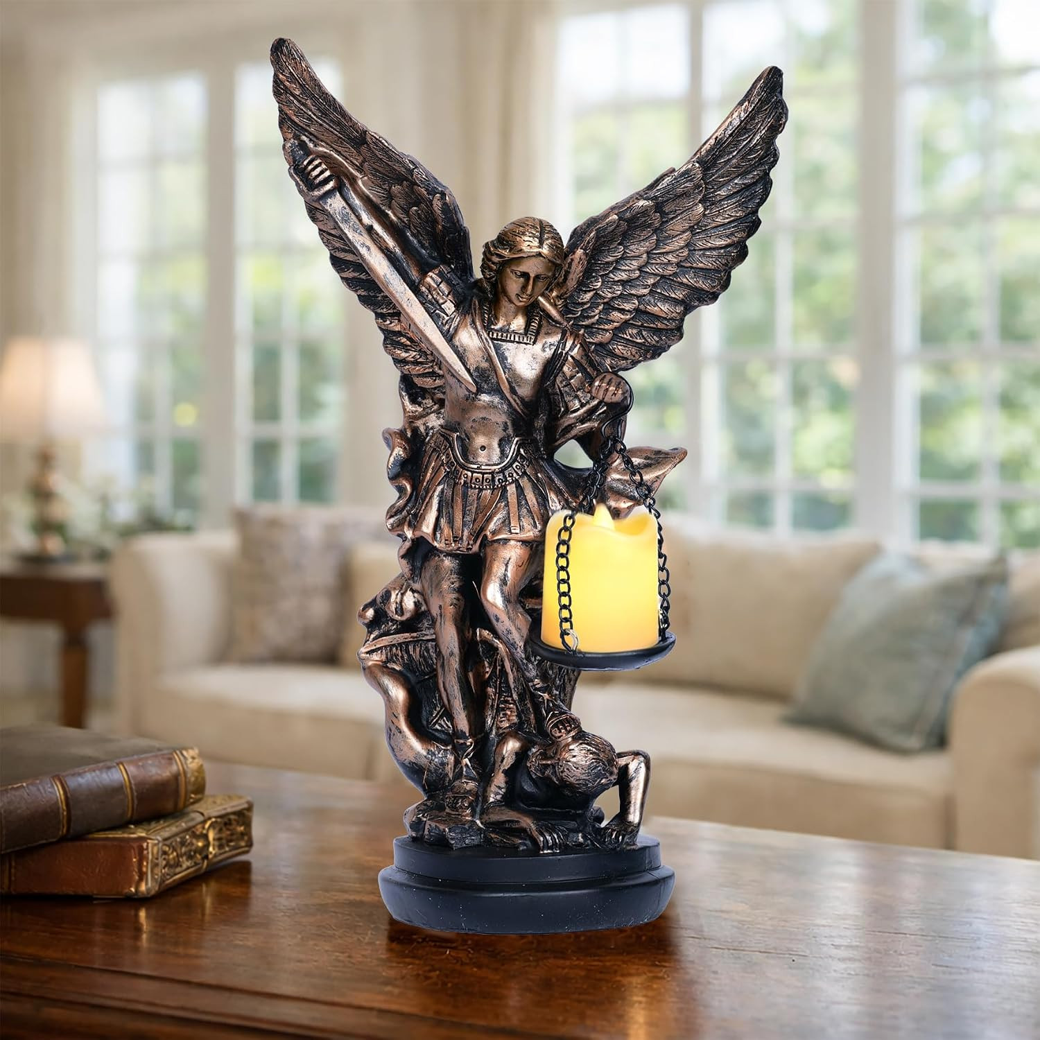 St. Michael Archangel Statue Lamp LED Candle Sculpture Religious Collectible 11.