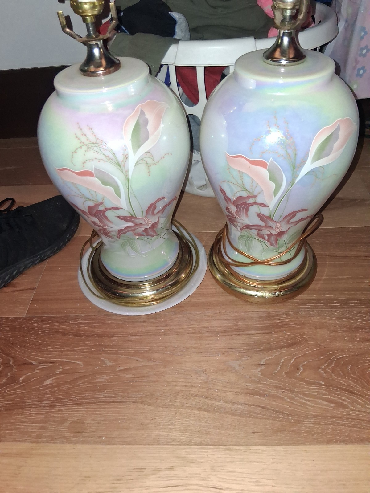 1- Pair 1980’s Hollywood Regency Lamp With Floral Iridescent Finish