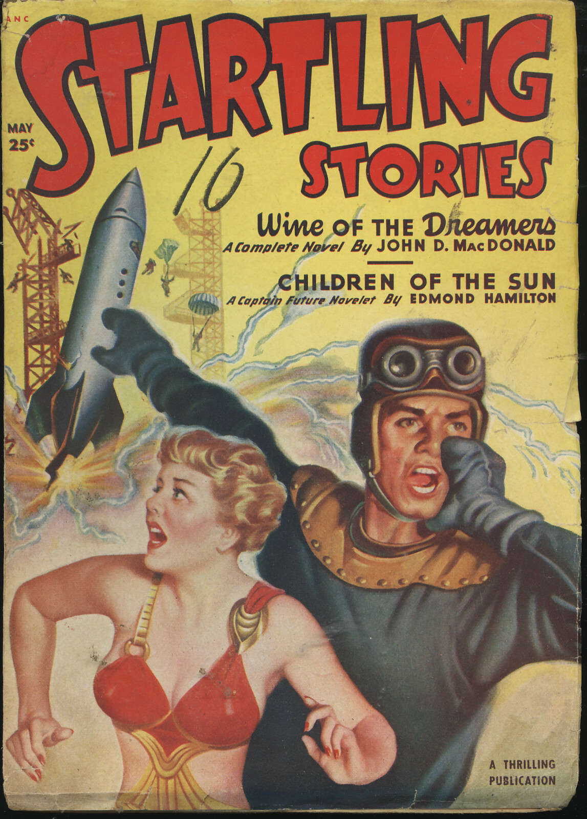 STARTLING STORIES May 1950 nippled chick runs from catastrophe