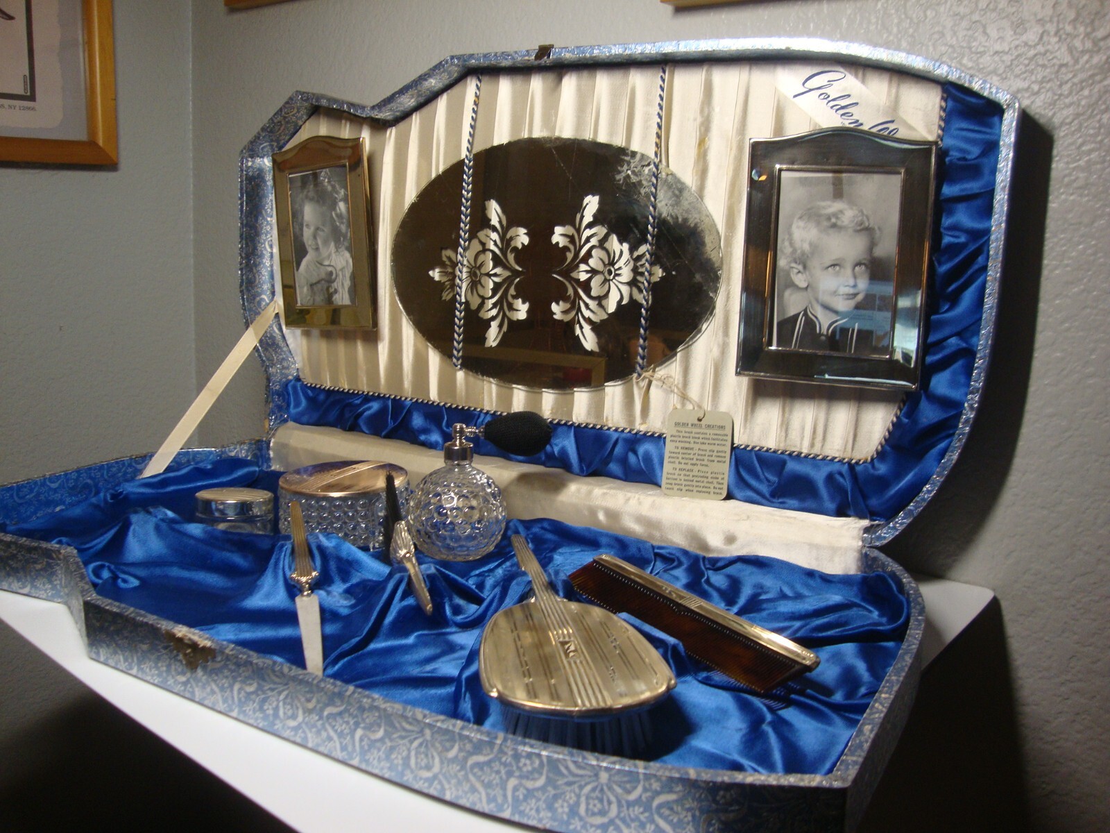 Vintage Golden Wheel Vanity Set 10 Pc Boxed Dresser Set Perfume Bottle Case