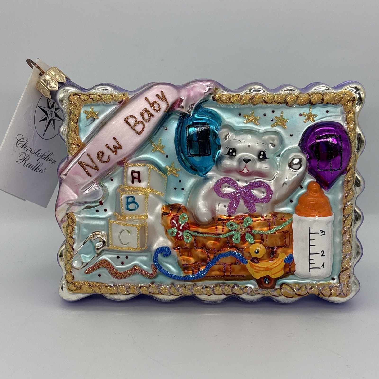 Vtg Rare Christopher Radko Postcard Glass Xmas Ornament Bundle of Joy New Baby Vtg Rare Christopher Radko Postcard Glass Xmas Ornament Bundle of Joy New Baby