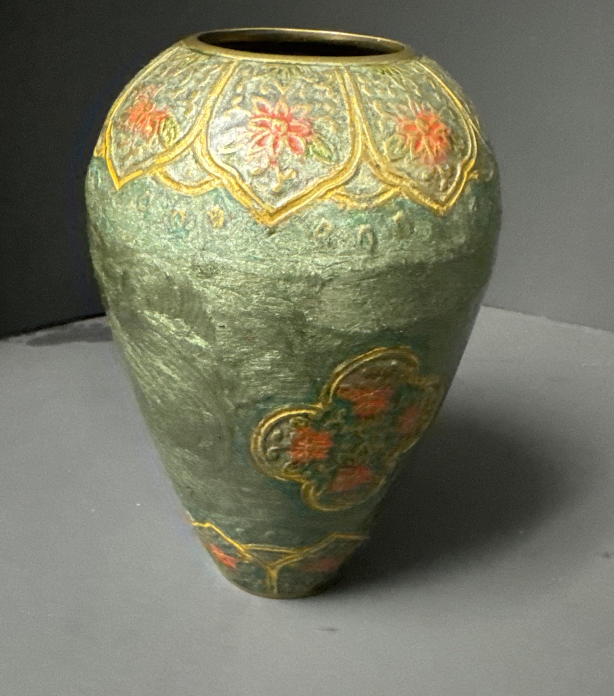 Vintage Brass Enamel Painted Vase Metallic Green w/ Gold Accents