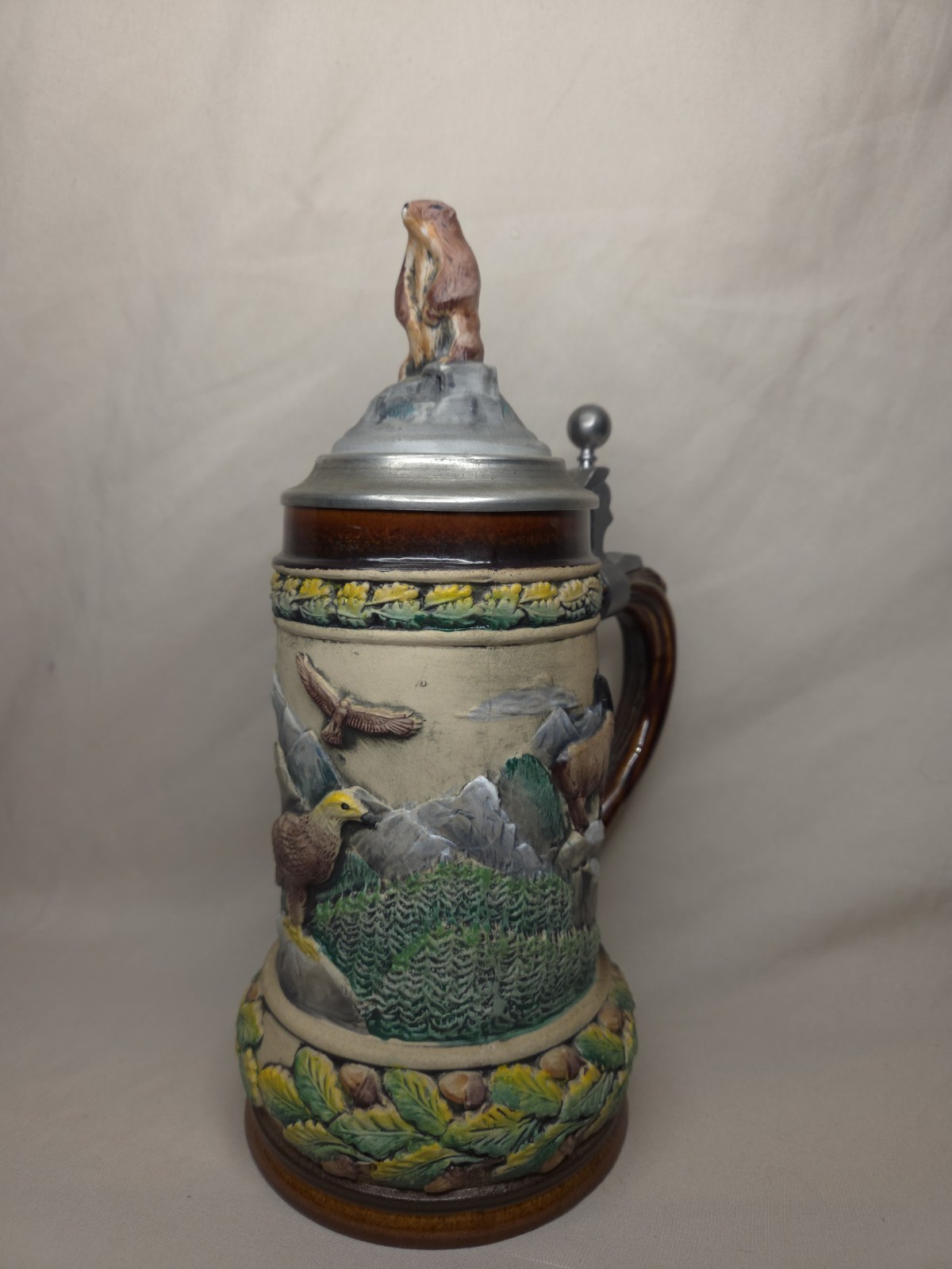 Vintage Beyer Made in Germany Beer Stein w Pewter Lid Marmot Alpine Scene RARE Vintage Beyer Made in Germany Beer Stein w Pewter Lid Marmot Alpine Scene RARE