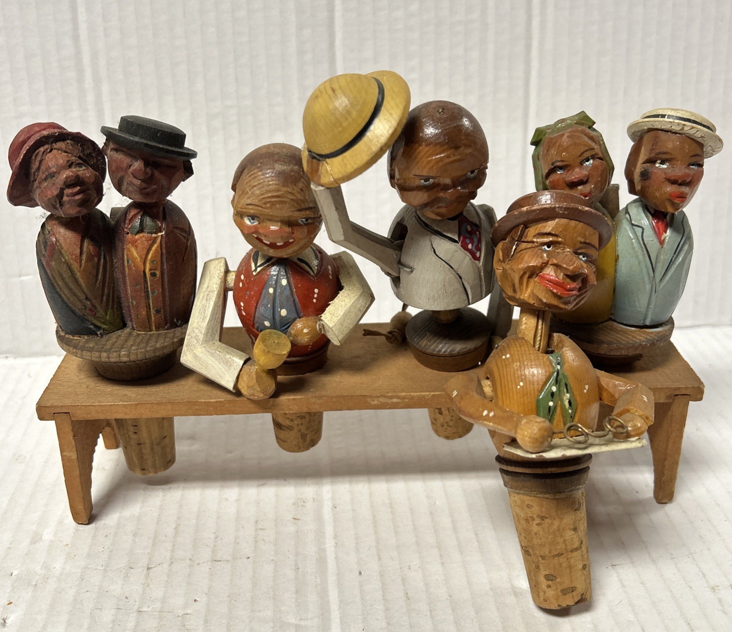 5 piece Vintage Hand Carved Wood Mechanical Articulating Cork Bottle Stoppers 5 piece Vintage Hand Carved Wood Mechanical Articulating Cork Bottle Stoppers