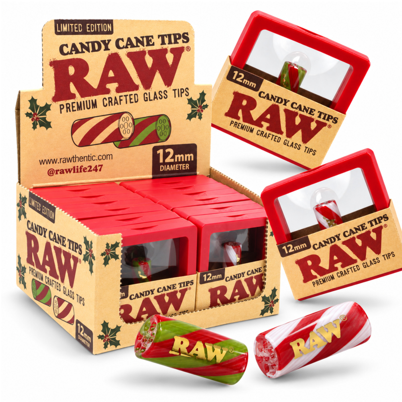 RAW Candy Cane Glass Spiral Tip 12mm Limited Edition Premium Crafted Rolling Tip