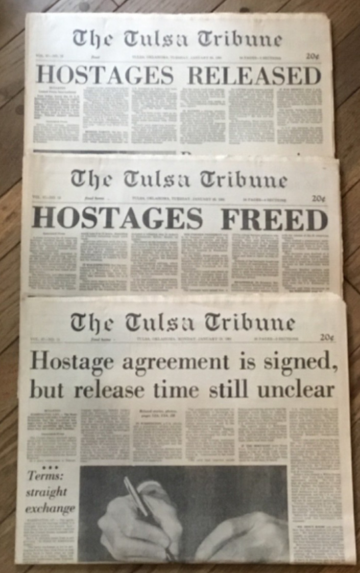3 Tulsa Tribune Newspaper Jan 19, 20 1981 Pres Reagan Sworn In Hostages Freed OK