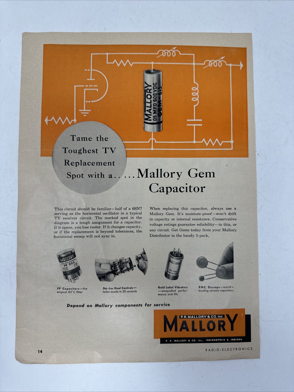 1959 P.R. Mallory & Co. Capacitor Print Ad Magazine Pull Vintage Electronics