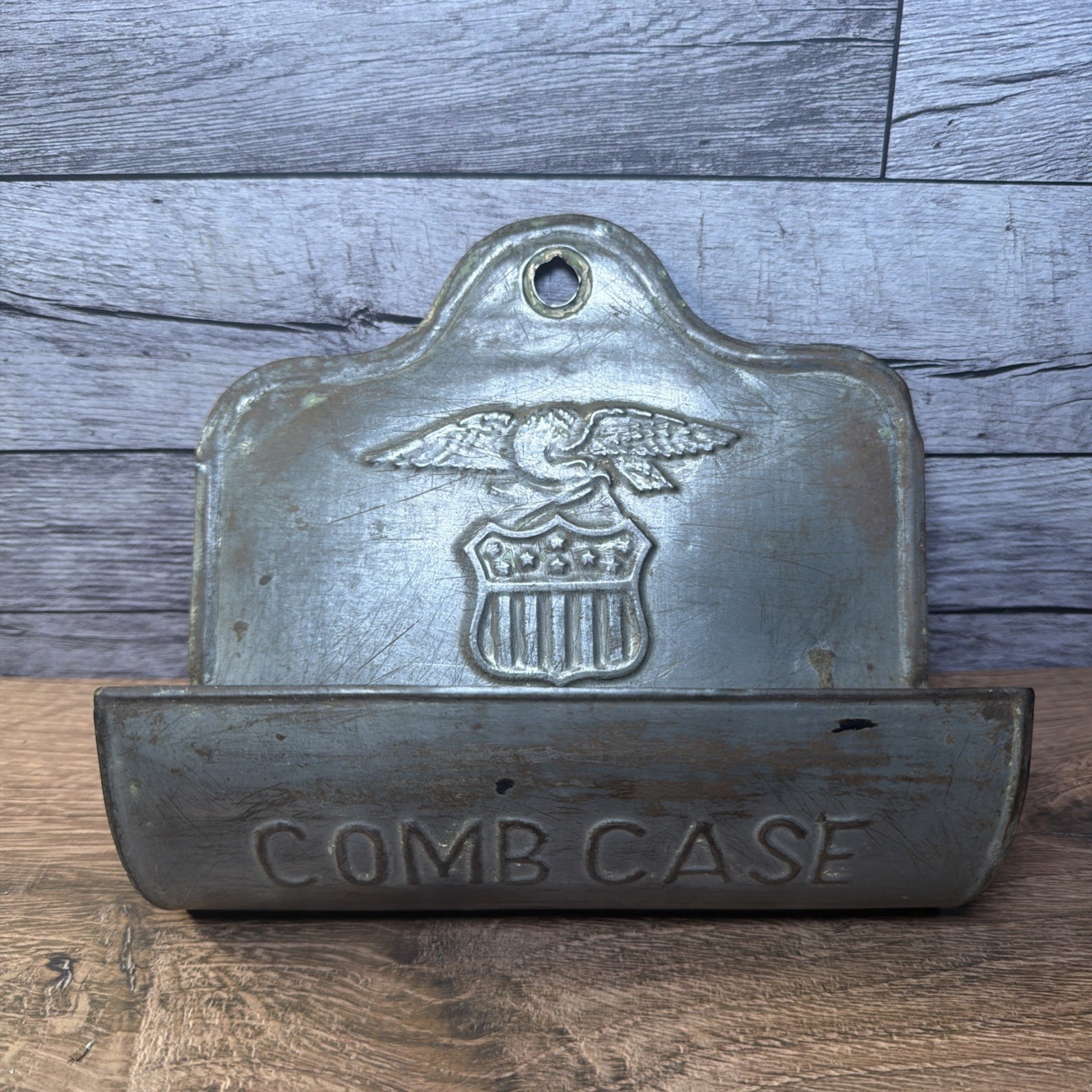 Antique Pressed Tin Comb Case Wall Pocket Holder American Eagle Shield VTG