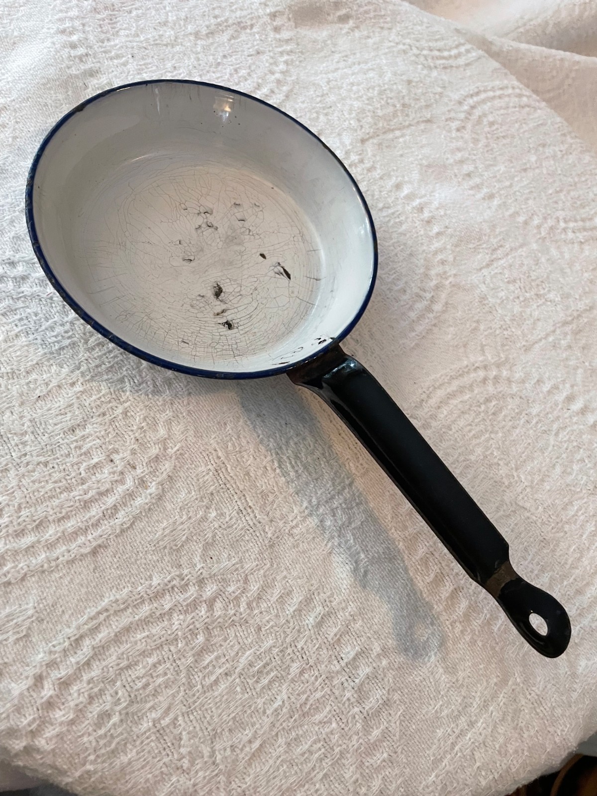 Vintage enamelware small white/black skillet, Sweden