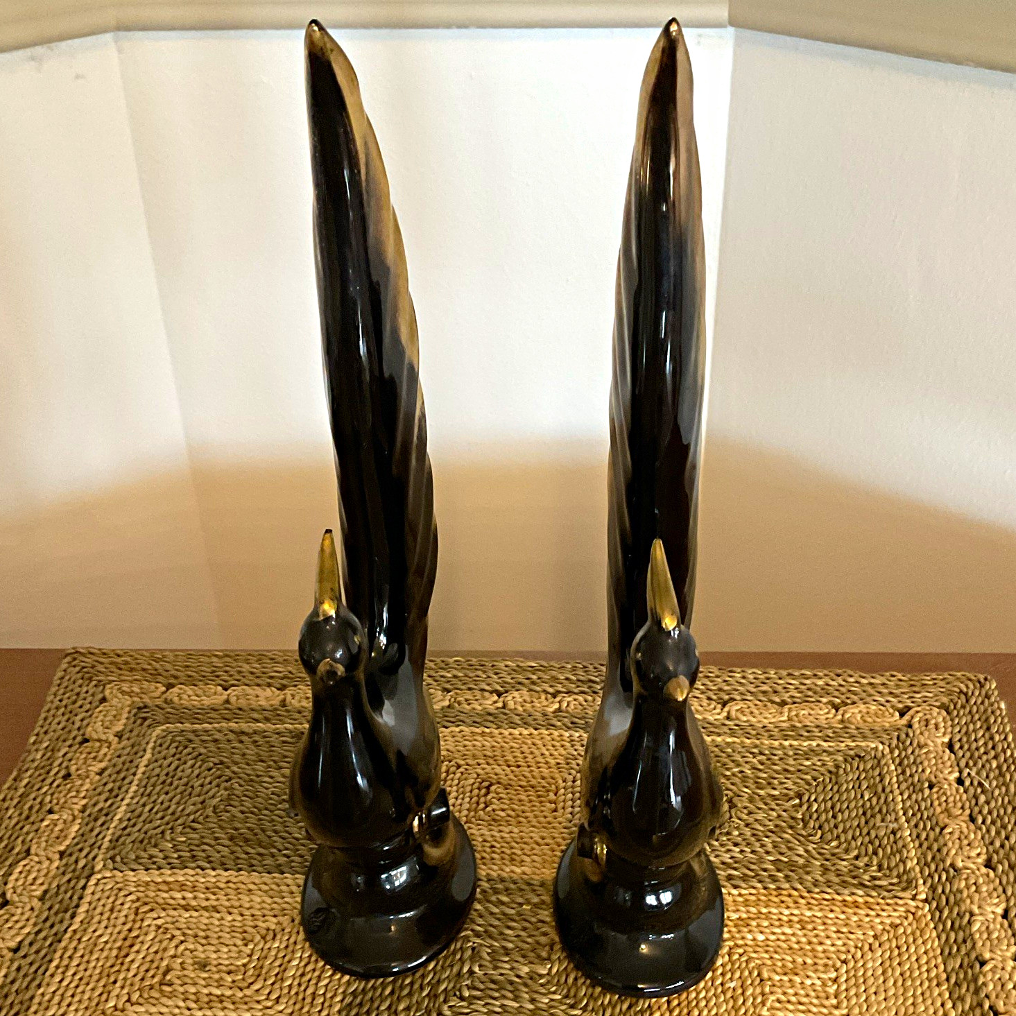 MCM Black & Gold Ceramic Bird Figurines Pair, Glossy Finish, 12 in Tall HTF MCM Black & Gold Ceramic Bird Figurines Pair, Glossy Finish, 12 in Tall HTF