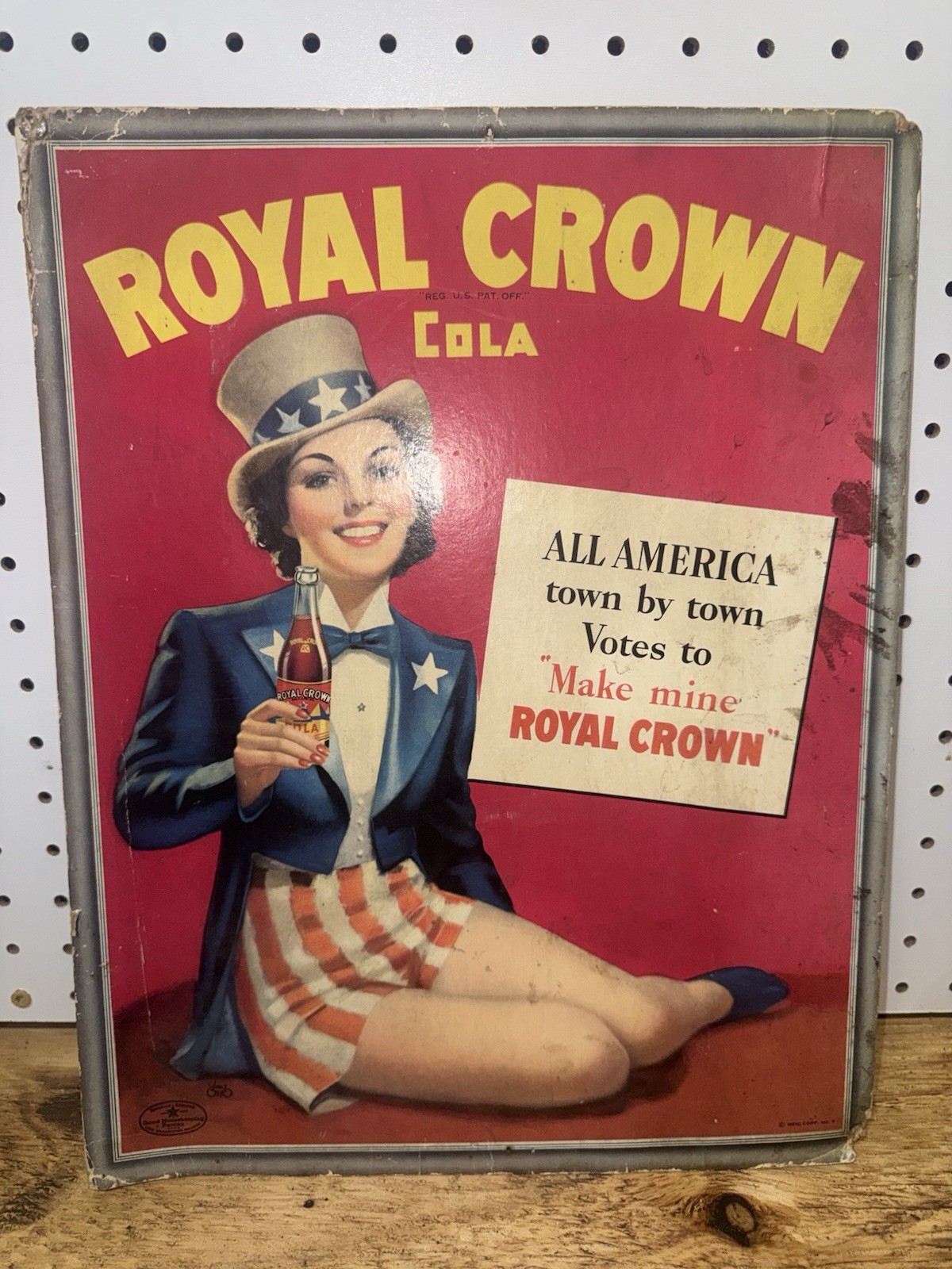 Rare 30s ROYAL CROWN RC Cola Uncle Sam All America Cute Girl USA Cardstock Sign