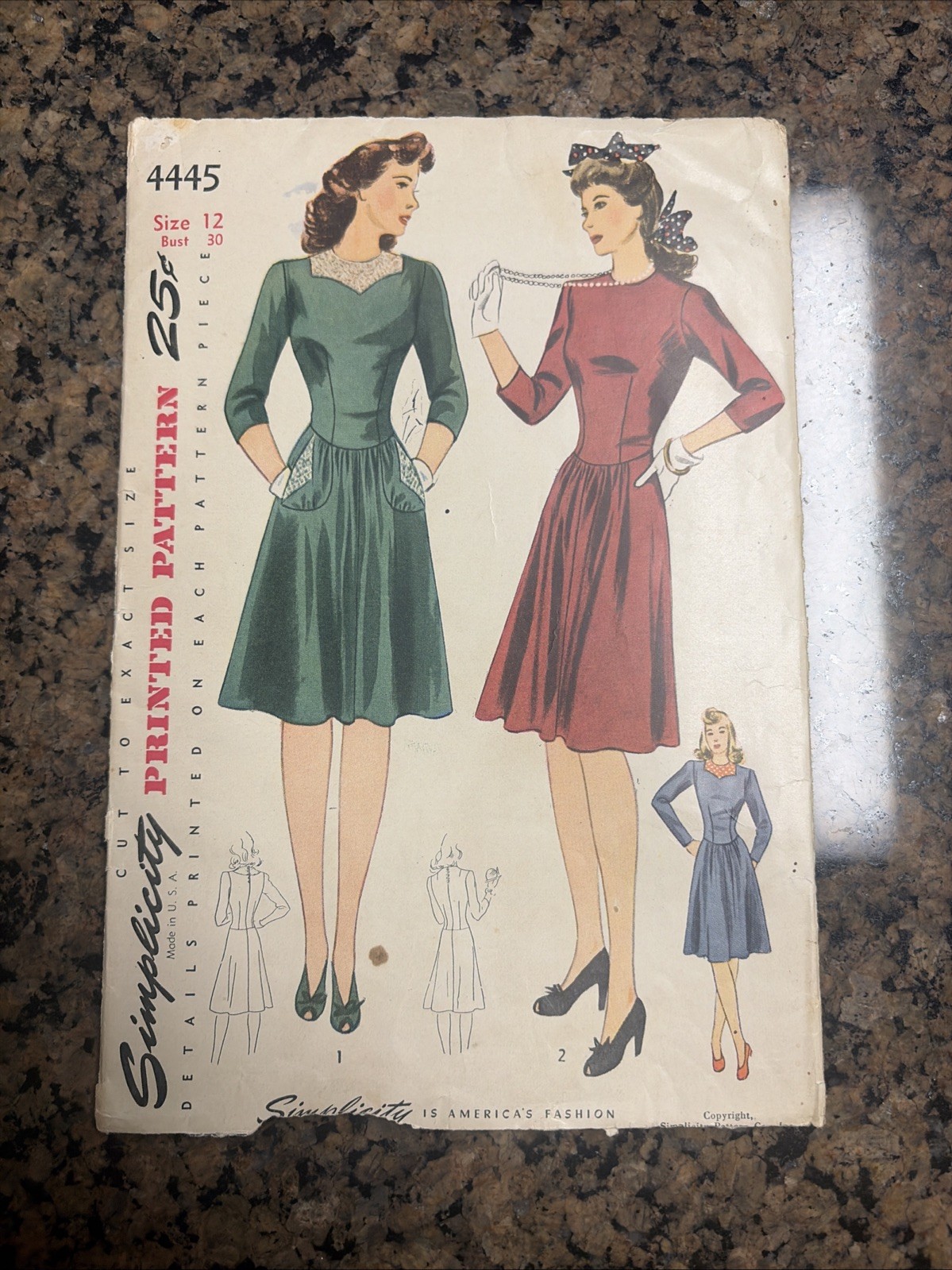 VTG 1940’s Simplicity 4445 Dress Sewing Pattern - 3/4 Sleeve - Size 12 - Bust 30