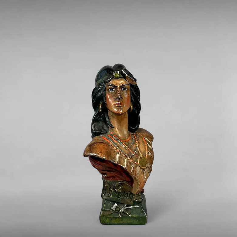 Antique Art Nouveau Hiawatha Chalkware Bust with Red Shawl & Beads 13.5 Antique Art Nouveau Hiawatha Chalkware Bust with Red Shawl & Beads 13.5