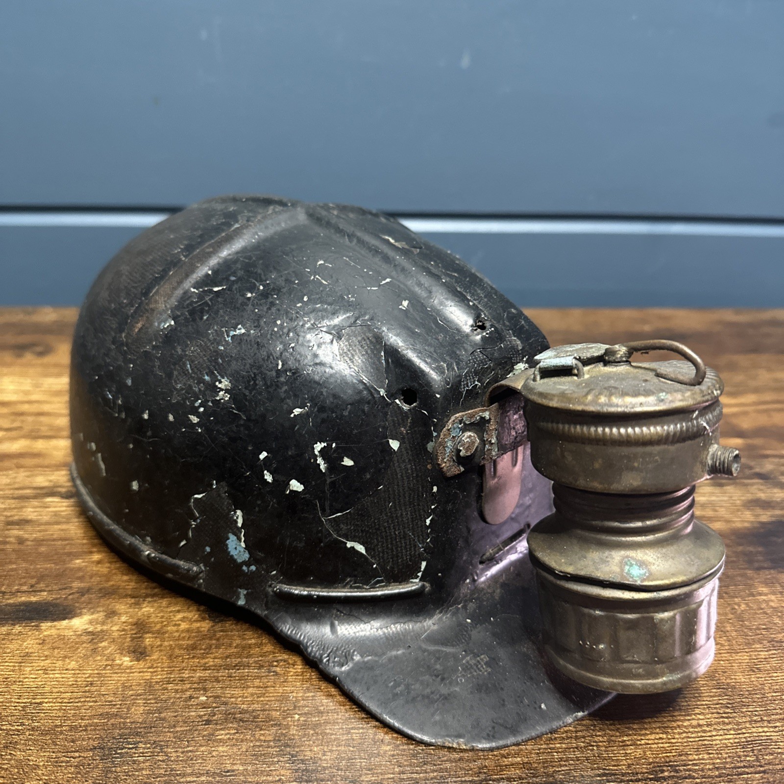 Antique MSA Skullgard Miners Helmet w/ Auto-Lite Carbide Lamp Black Rare