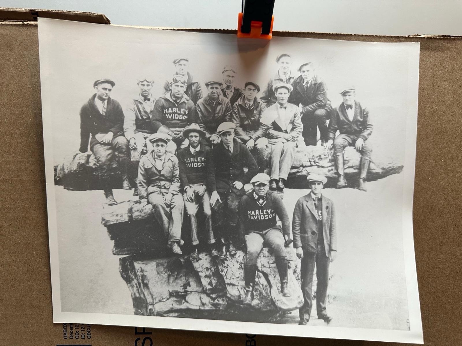 VTG 1920s Harley Davidson Motorcycle Club Photo Rock Lookout Stone River Marker
