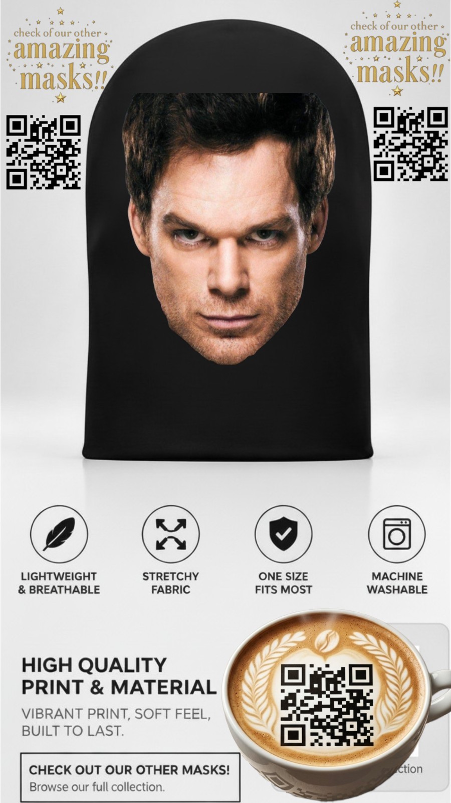 Dexter Morgan Face Mask Michael C. Hall Celebrity Halloween Costume Cosplay Prop
