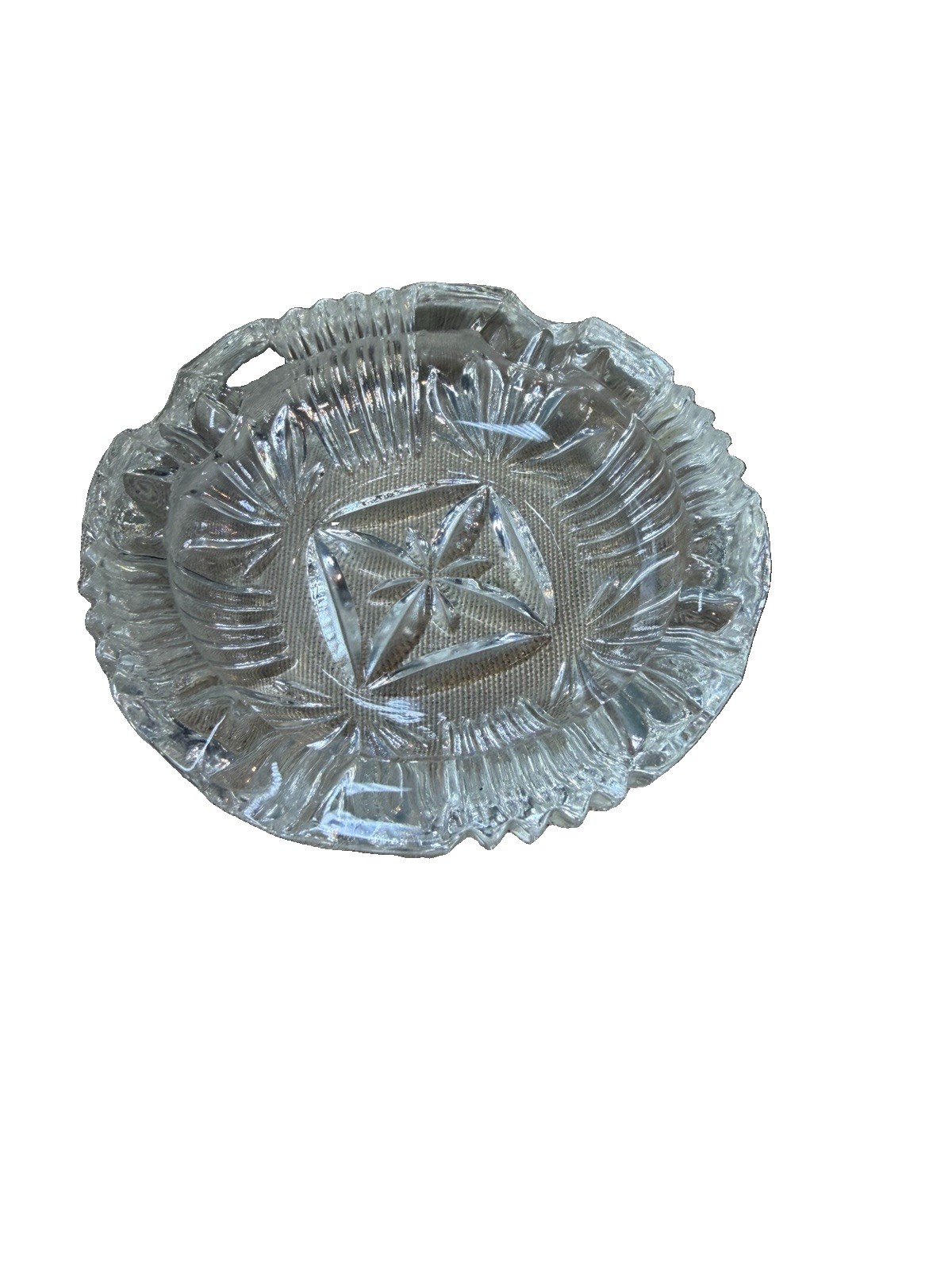 Vintage Clear Cut Glass Ashtray Pinwheel Star Pattern Heavy Round Cigarette Rest Vintage Clear Cut Glass Ashtray Pinwheel Star Pattern Heavy Round Cigarette Rest