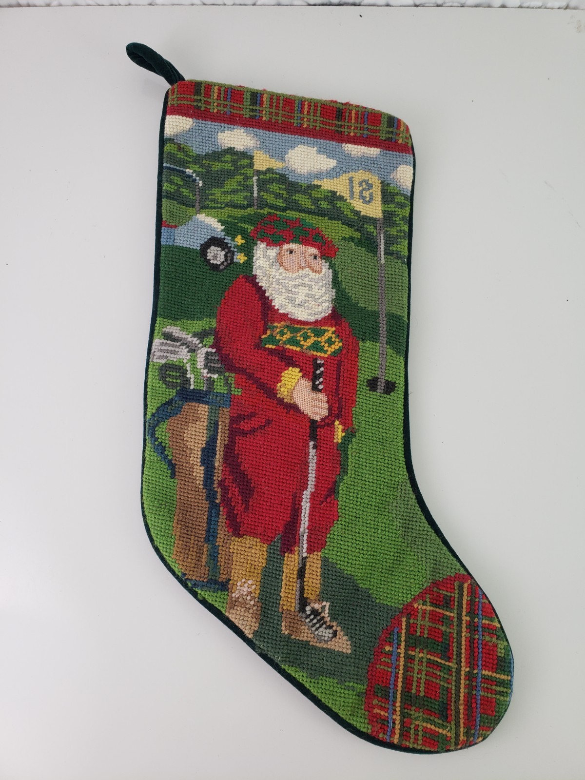 Vintage Christmas Stocking Needlepoint Wool Santa Golfing Velvet Back Holiday