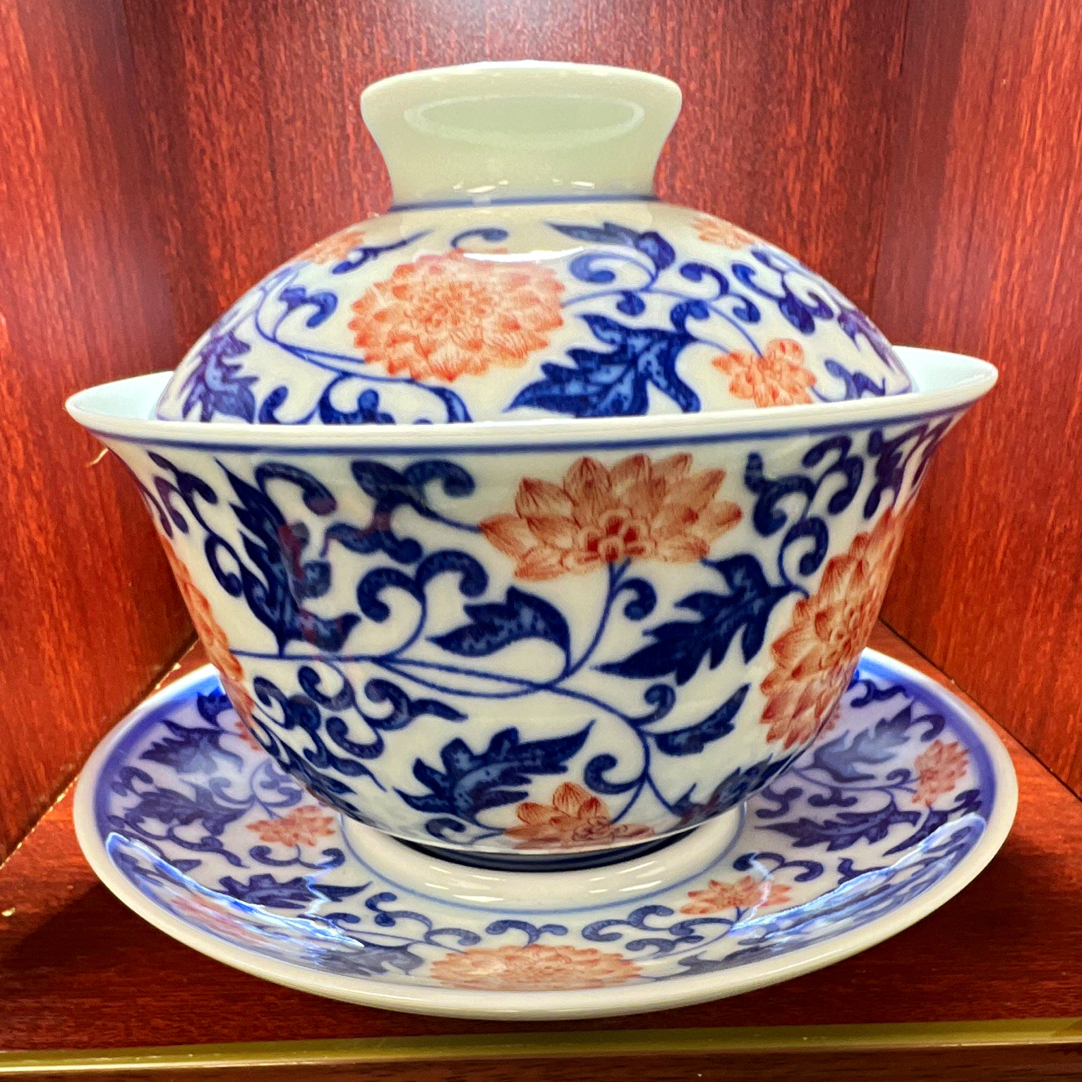 Blue and White Underglaze Red Gaiwan, Hand Painted Interlocking Lotus, 3-piece T