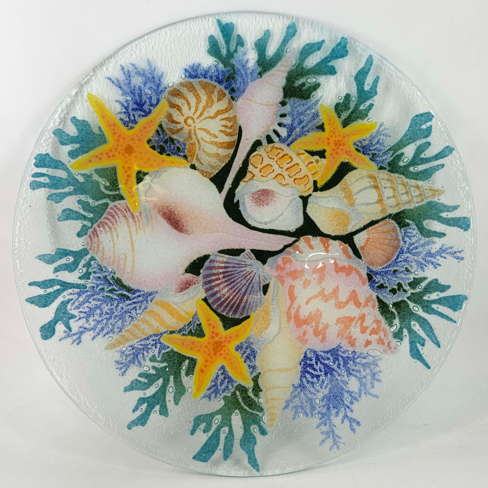 Peggy Karr Fused Glass SEASHELLS Serving Platter Plate Sea Shells 13.25