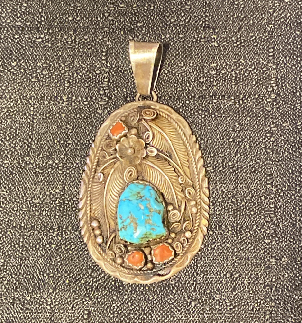 HUGE Vintage Navajo Sterling Silver Pendant Signed W Kingman Nugget Turquoise