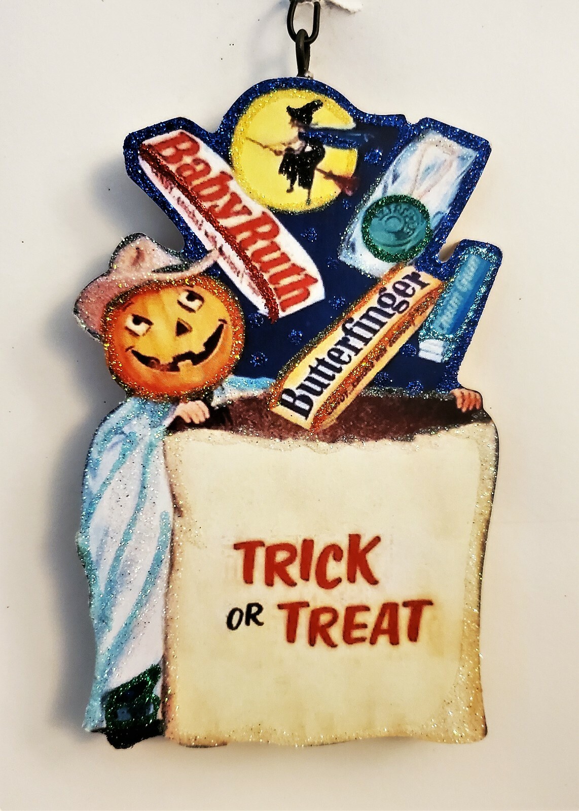 PUMPKIN MAN, WITCH, TREAT BAG, CANDY BARS * Glitter HALLOWEEN ORNAMENT * Vtg
