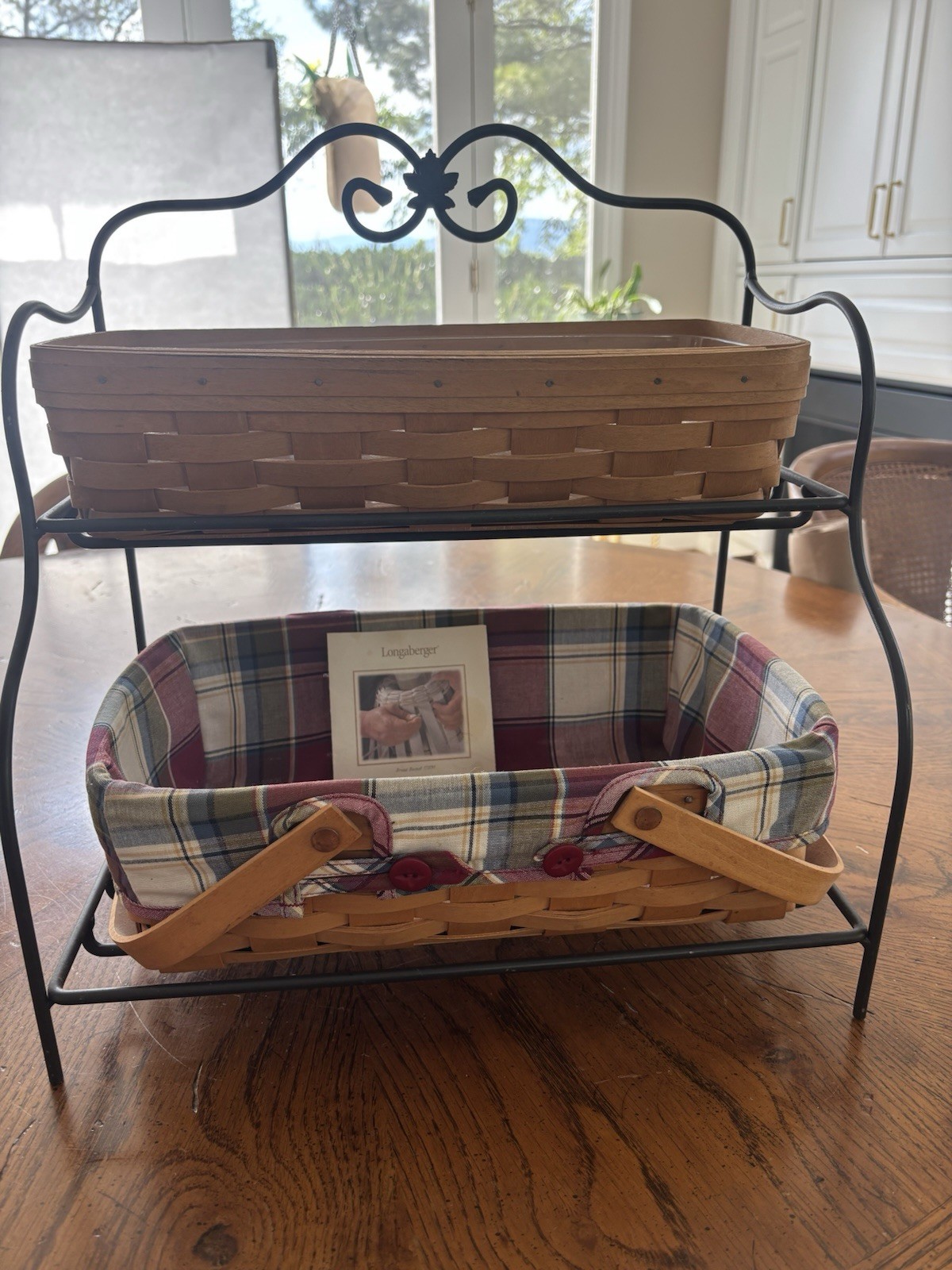EUC Longaberger Wrought Iron Tiered Stand Two Baskets Plastic Liner Plaid Liner EUC Longaberger Wrought Iron Tiered Stand Two Baskets Plastic Liner Plaid Liner