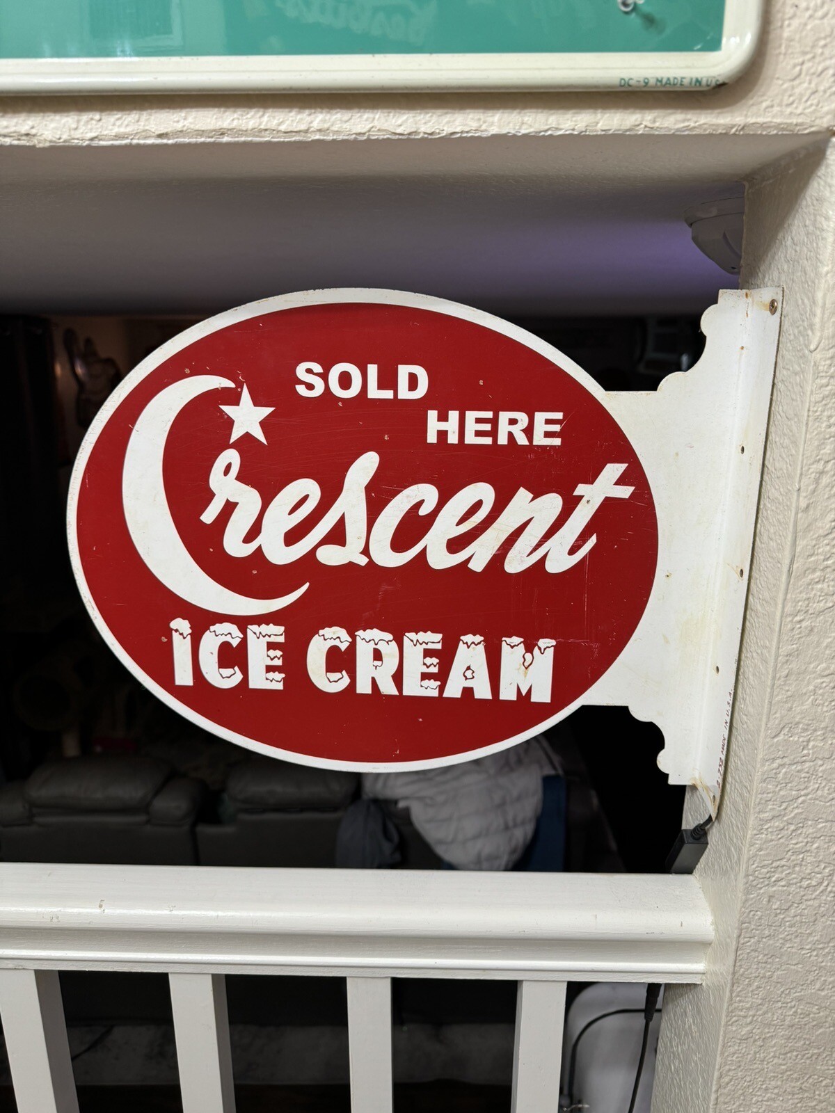 RARE 1950s ENJOY CRESCENT ICE CREAM DEALER 2-SIDED PAINTED METAL FLANGE SIGN