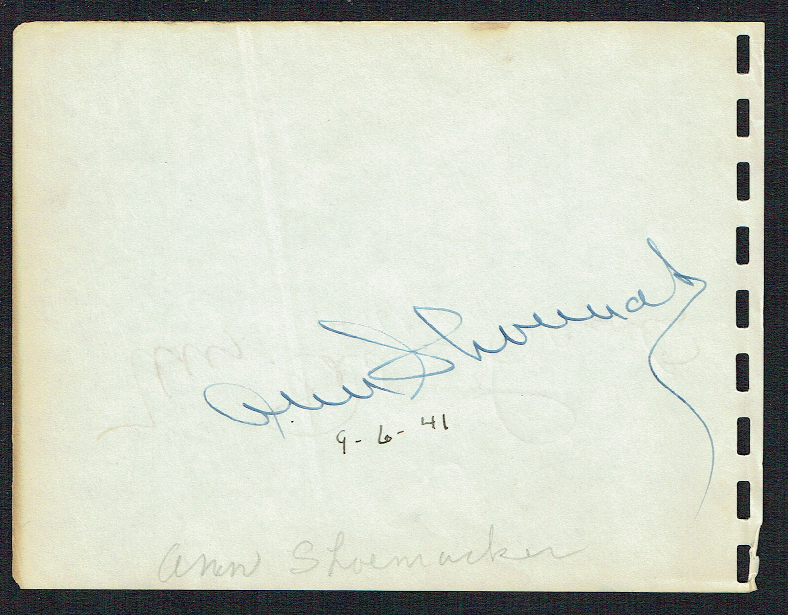 Ann Shoemaker (d. 1978) signed autograph 4x5 Album Page \ Ann Shoemaker (d. 1978) signed autograph 4x5 Album Page \