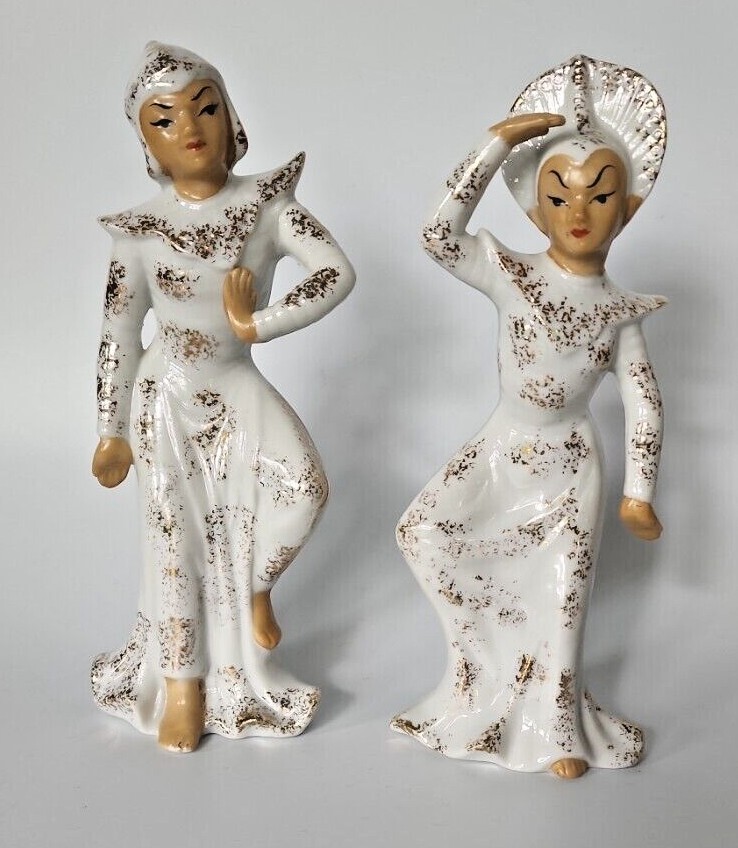 Vintage Lefton China/Asian Pair Chinese Porcelain Figurines Dancing Ladies PB177