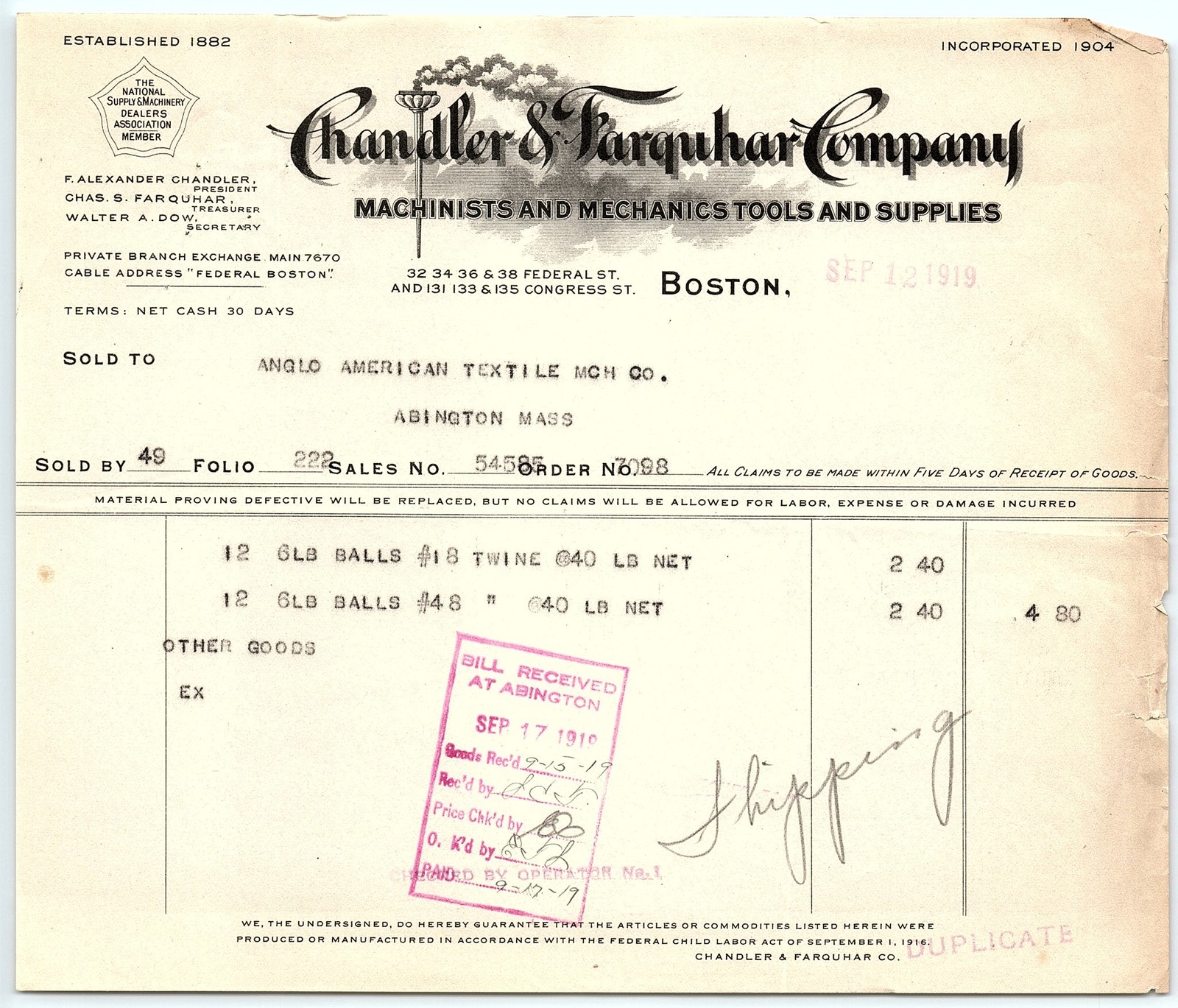 1919 Chandler & Farquhar Billhead - Tools & Supplies