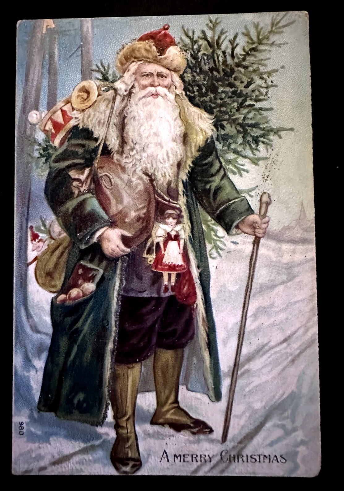 Long Green Robe Santa Claus with Tree~Toys~Antique~Christmas Postcard-r903