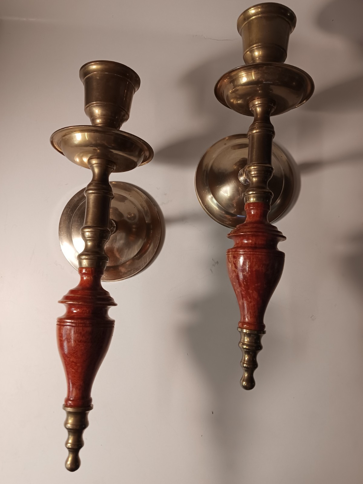 2 Vintage Gatco Solid Brass and Wood Candle Holder Wall Sconces 