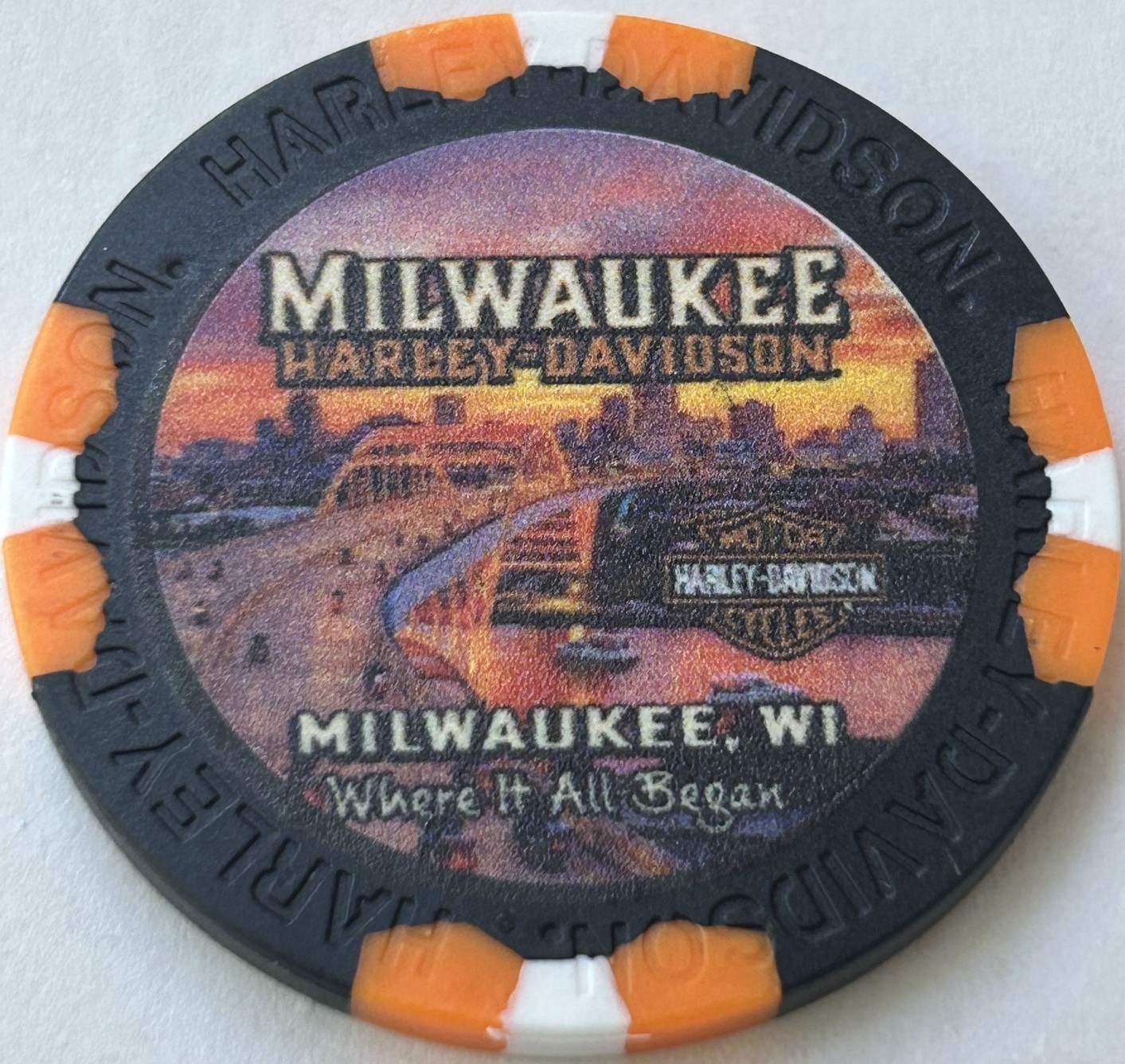Harley Davidson Wide Print Poker Chip Milwaukee HD Milwaukee, Wisconsin Harley Davidson Wide Print Poker Chip Milwaukee HD Milwaukee, Wisconsin