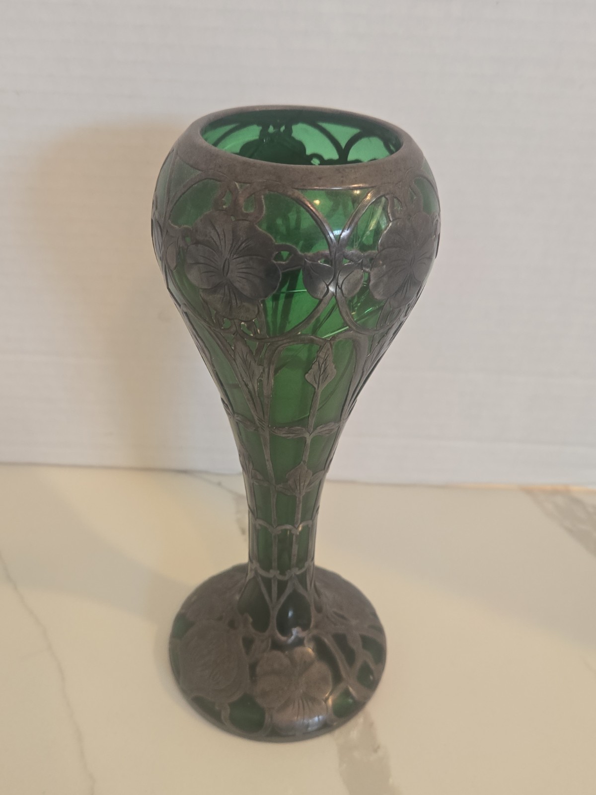 Antique Art Nouveau 999 Fine Silver Overlay Green Glass Vase Pattern 507 AS-IS