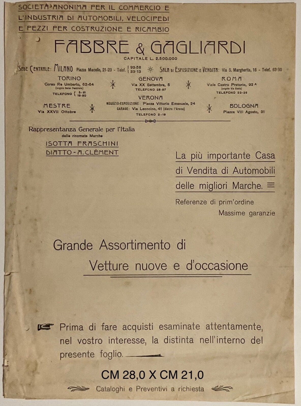 FABBRE E GAGLIARDI GRANDE ASSORTIMENTO DI VETTURE DEPLIANT PUBBLICITARIO 