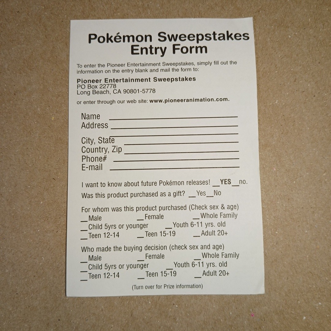 1999 Pokemon Sweepstakes Entry Form Pioneer Entertainment Sweepstakes Nintendo