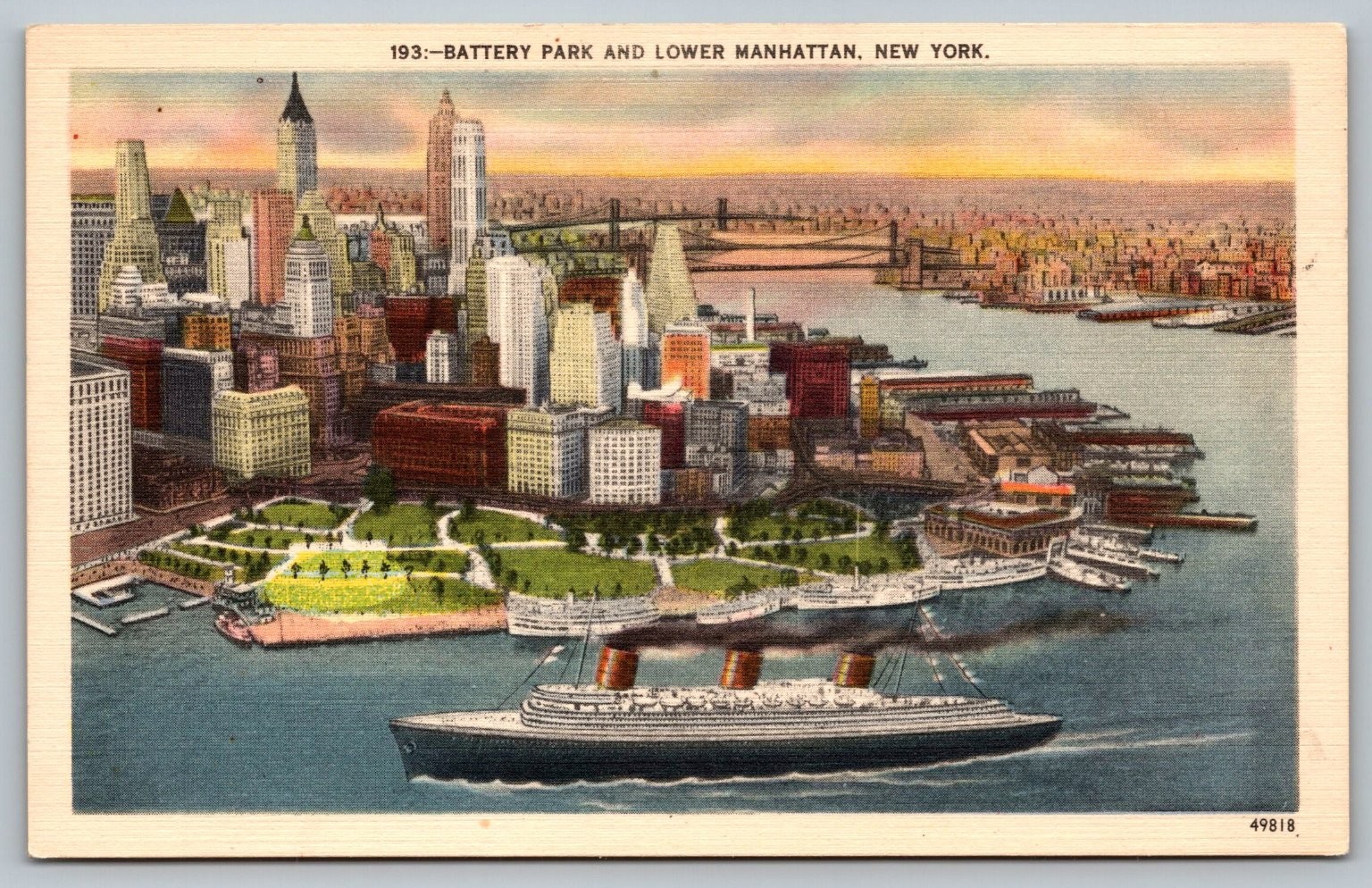 Battery Park Lower Manhattan NYC Ocean Liner Linen Postcard 1930s