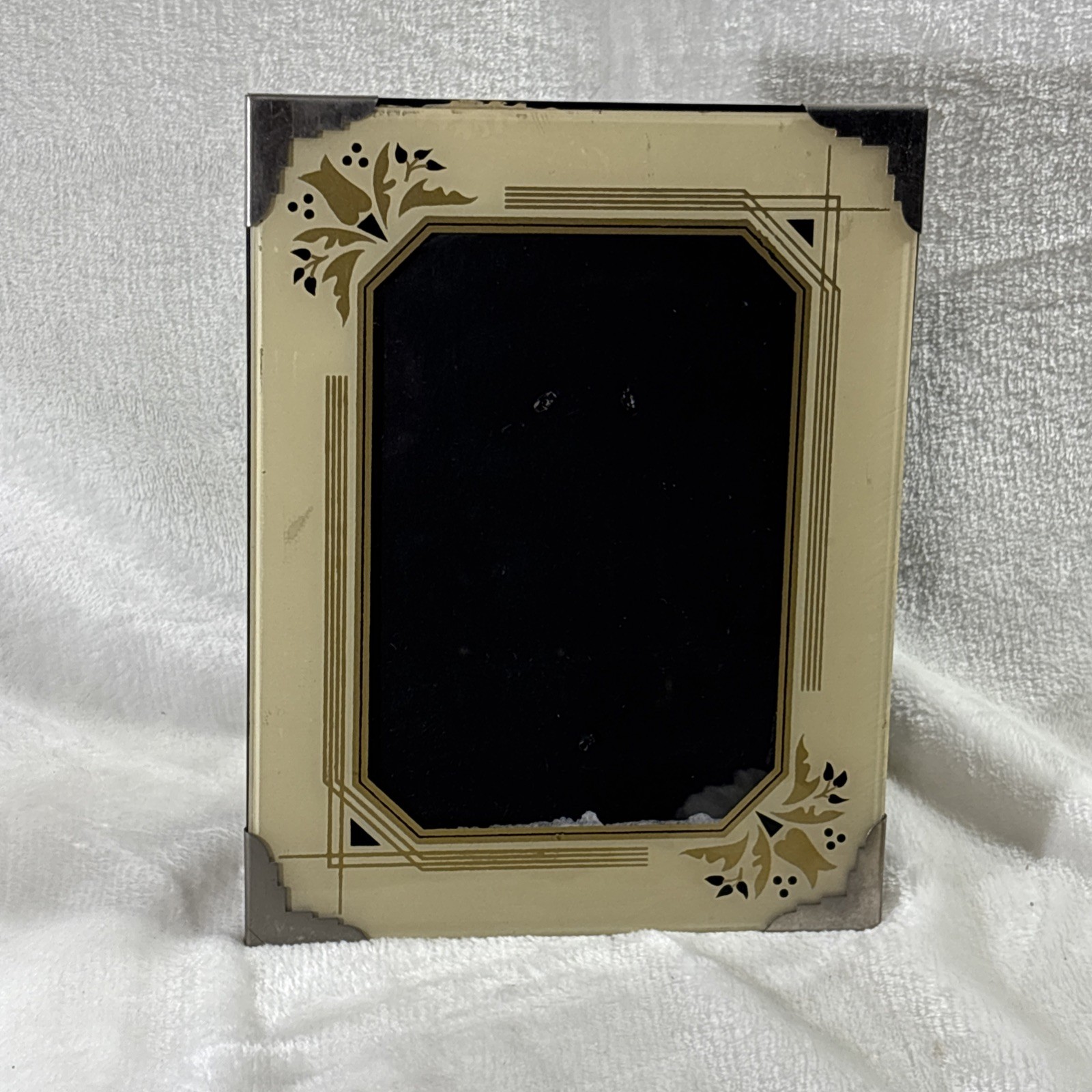 Antique 1930s Art Deco Reverse Painted Glass Picture Frame Geometric Cream Gold Antique 1930s Art Deco Reverse Painted Glass Picture Frame Geometric Cream Gold