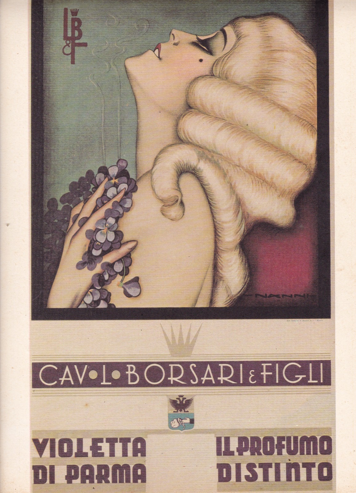Rare Advertising Vintage Cardboard BORSARI VIOLETTA DI PARMA Nanni dis. 1930c. Rare Advertising Vintage Cardboard BORSARI VIOLETTA DI PARMA Nanni dis. 1930c.