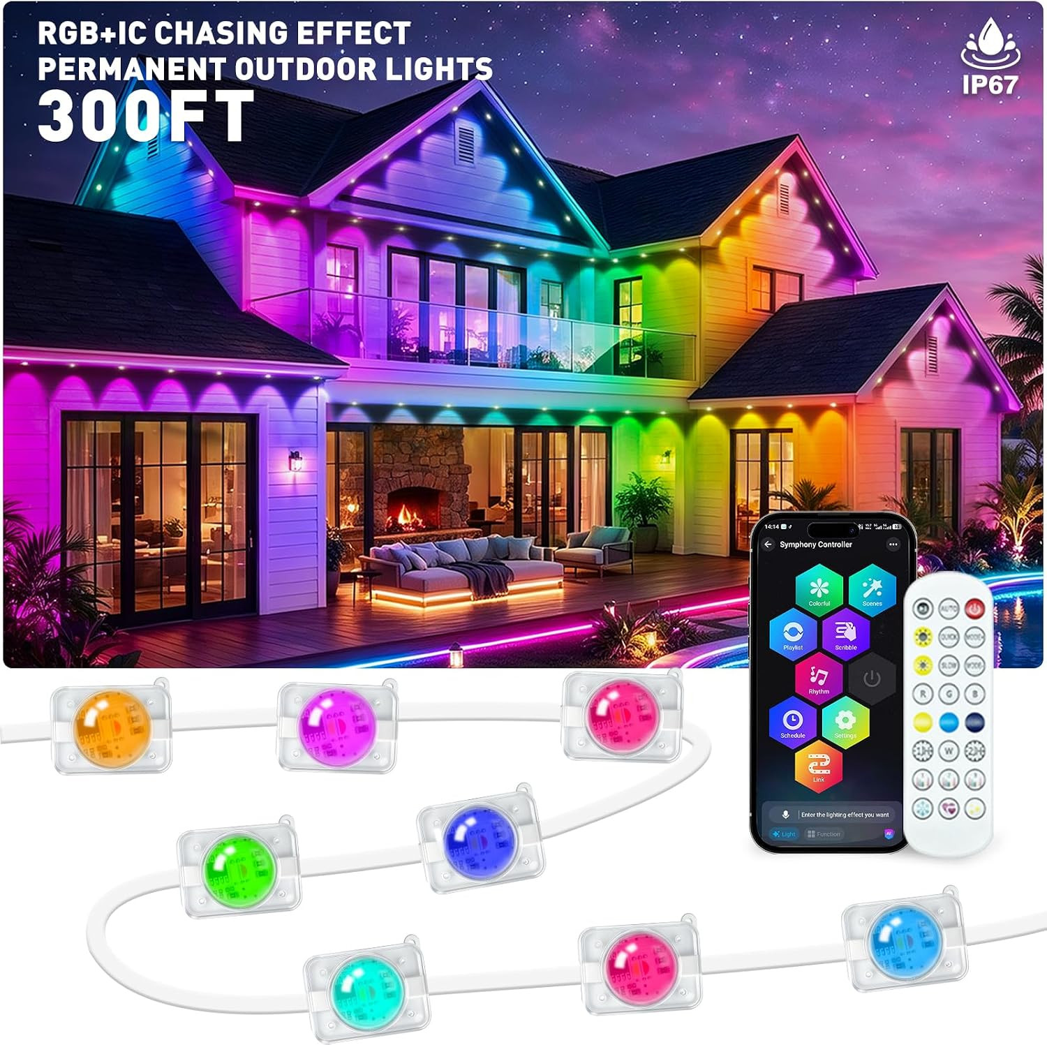 300FT Permanent Outdoor Lights, RGB+IC Waterproof Smart LED Eaves Lights with Ap