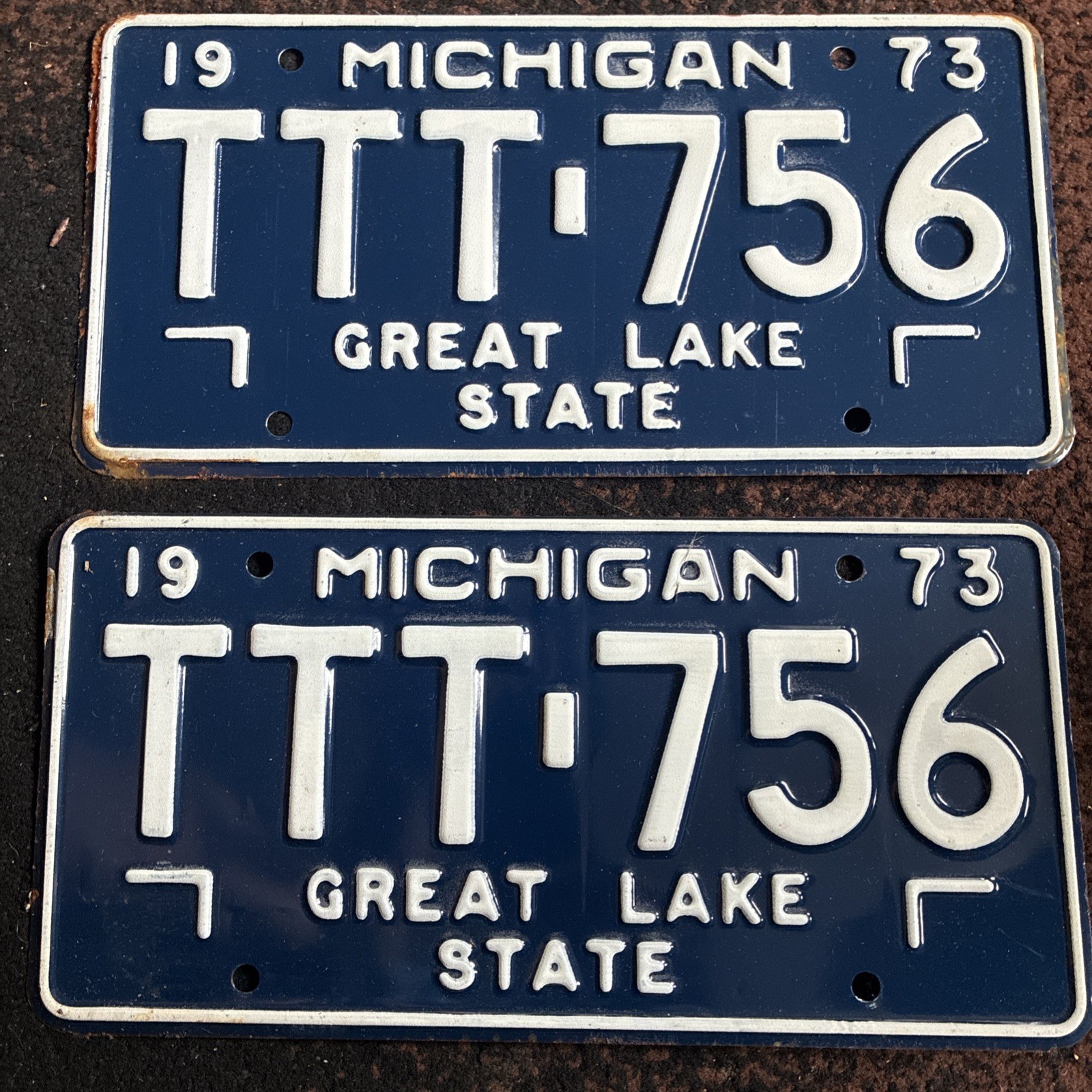 1973 Michigan License Plate Pair NEW TTT-756 Mich 73 2 plates Set 