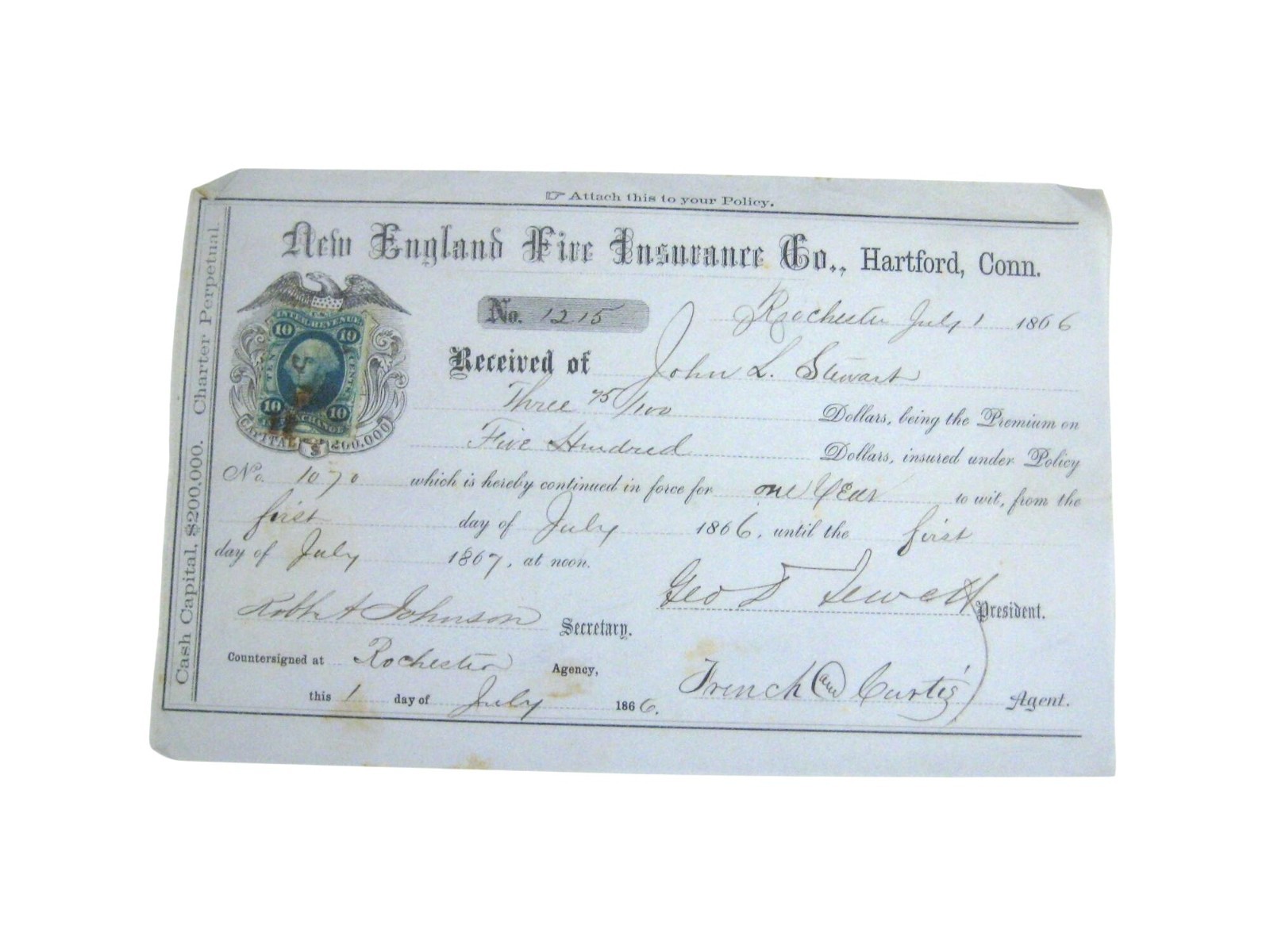 Antique 1866 New England Fire Insurance Policy Paper Ephemera CT Hartford