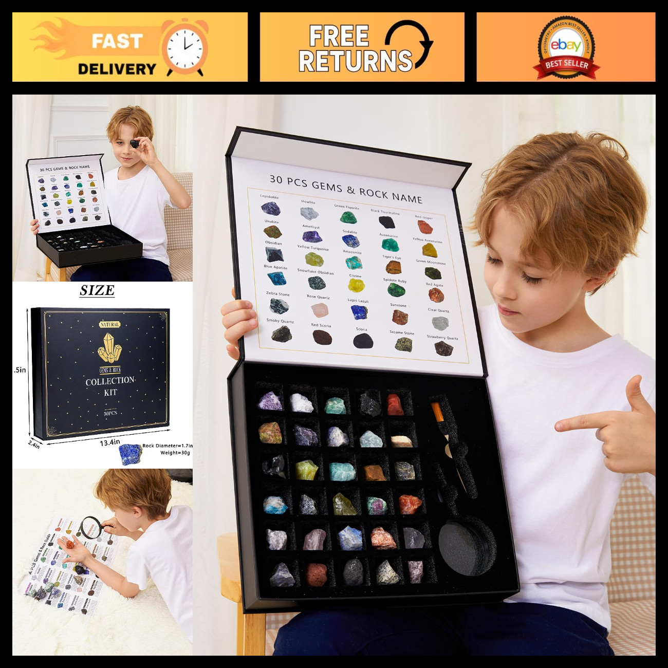 Kids Rock Collection - 30 Pcs Gemstones, Crystals & Minerals Kit for Learning Fu