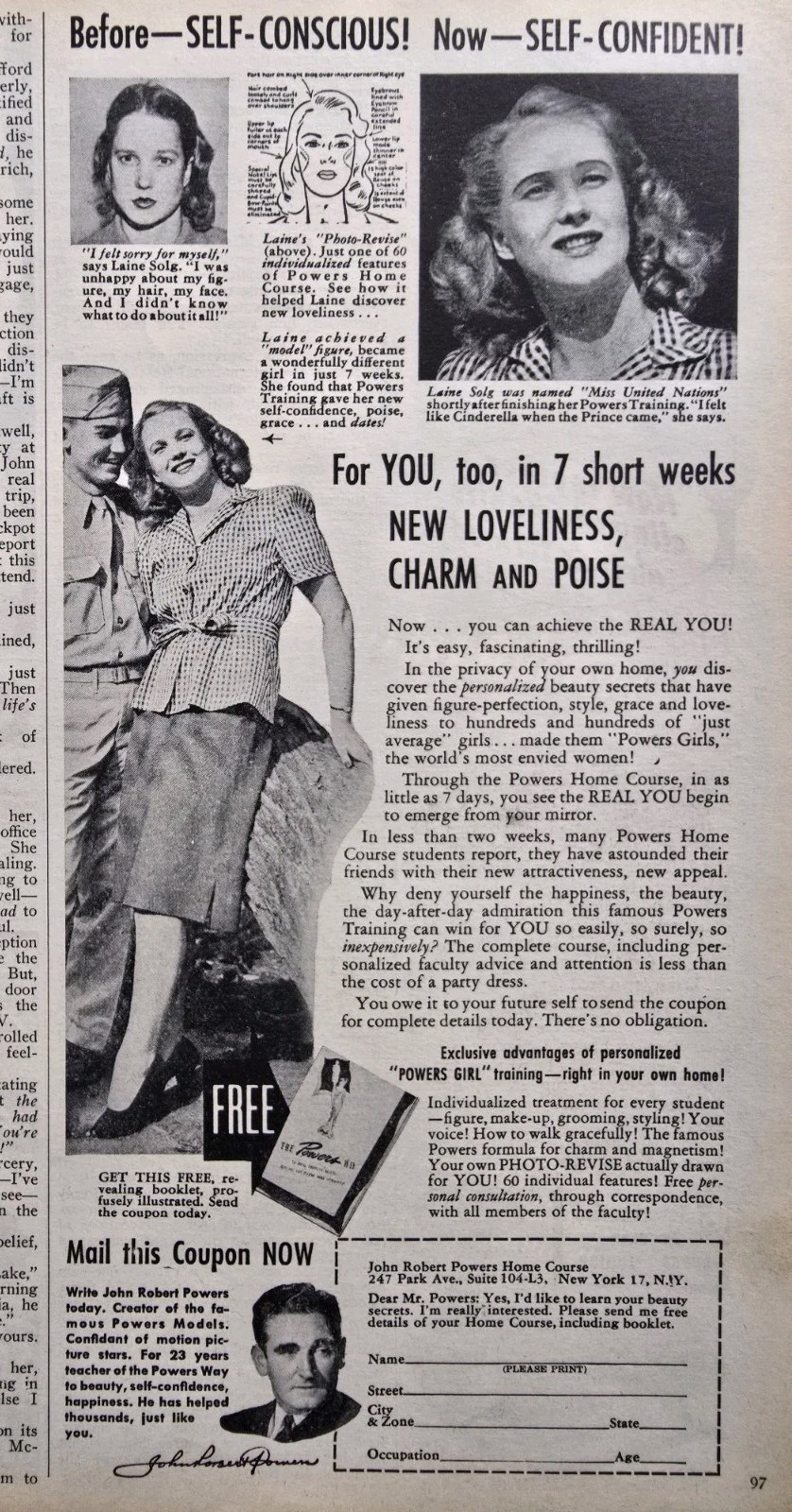 1944 John Robert Powers Home Course Loveliness charm and poise vintage Ad