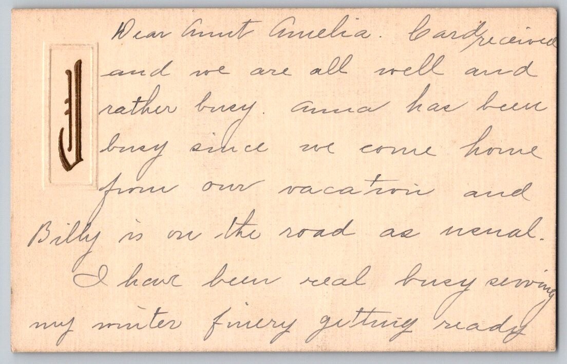 Vintage monogramed embossed J with message front back unposted? Postcard