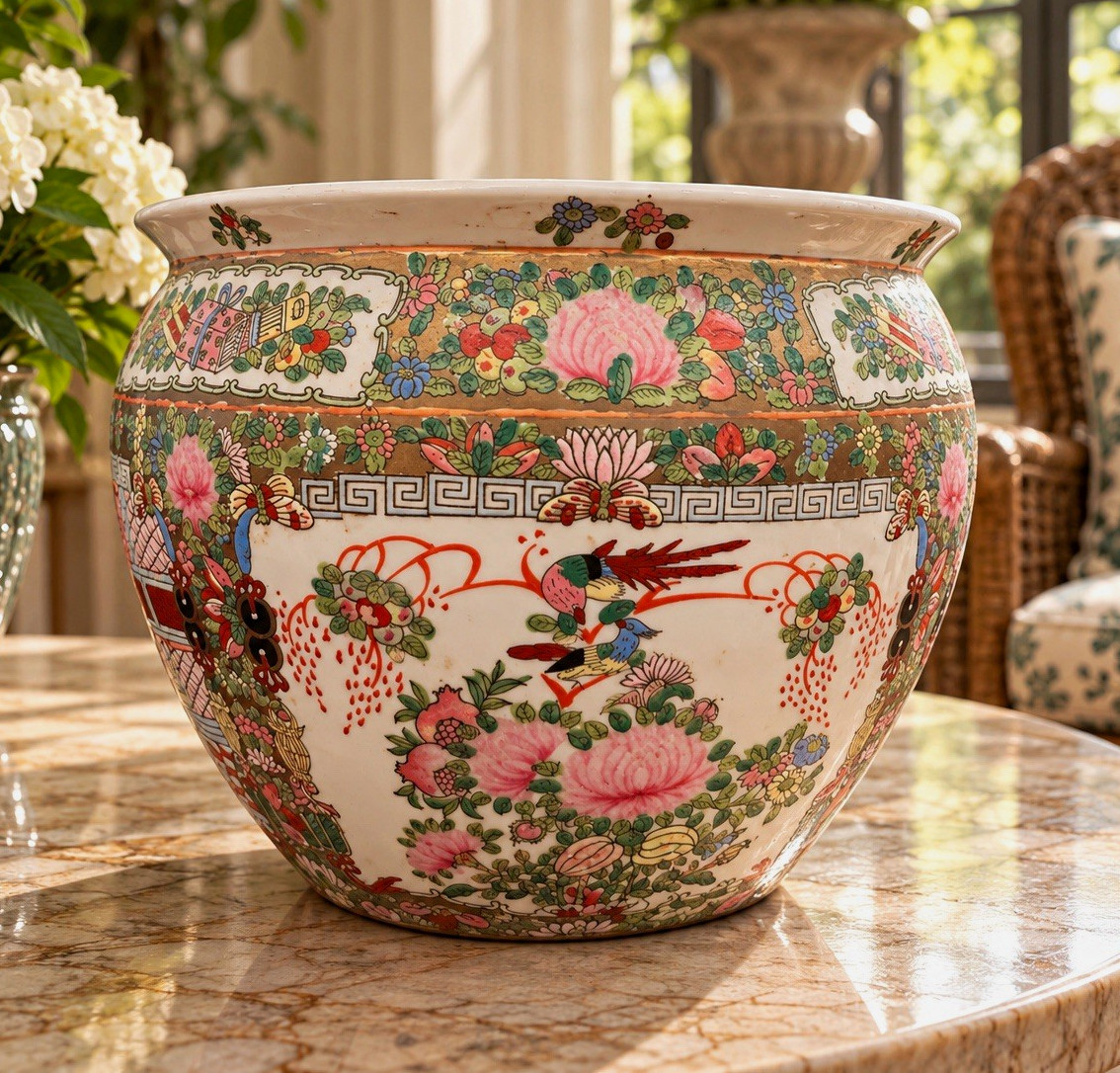Chinese Rose Medallion Famille Rose Fish Bowl Jardiniere Qianlong Style 11.5” Chinese Rose Medallion Famille Rose Fish Bowl Jardiniere Qianlong Style 11.5”